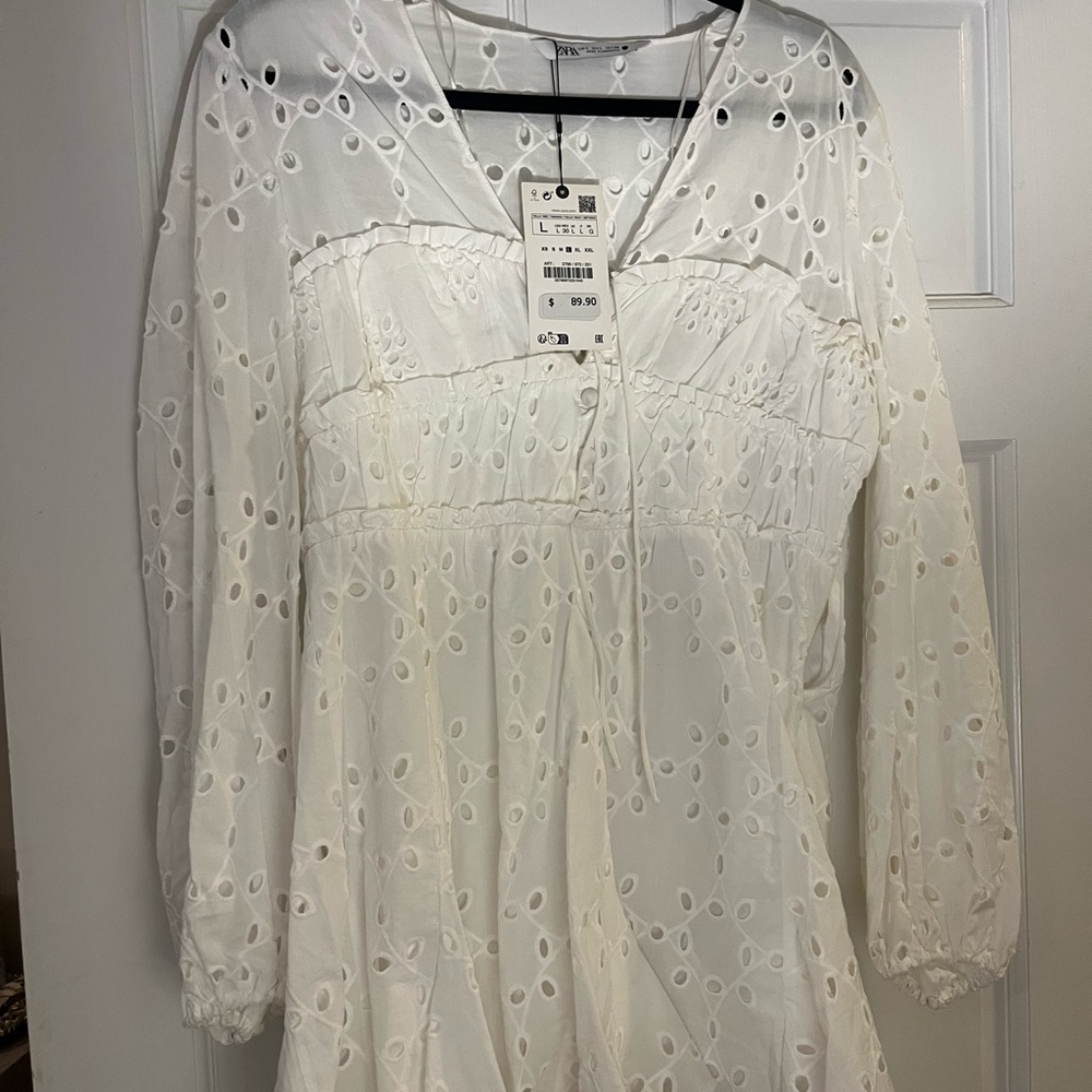 Zara Cream Eyelet V-Neck Dress